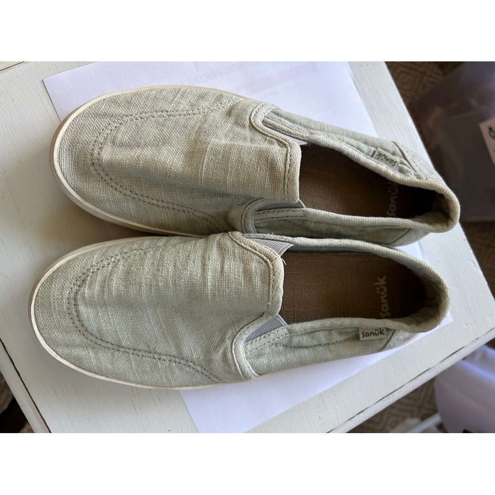 Sanuk Women Sage Green Textile Slip On Casual Shoes Comfort Flats Round Toe Sz 8